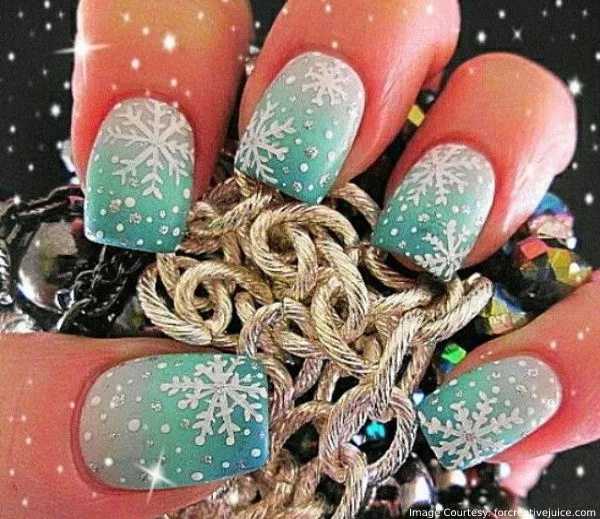 Light Blue Colored Christmas Nail Art With Snow